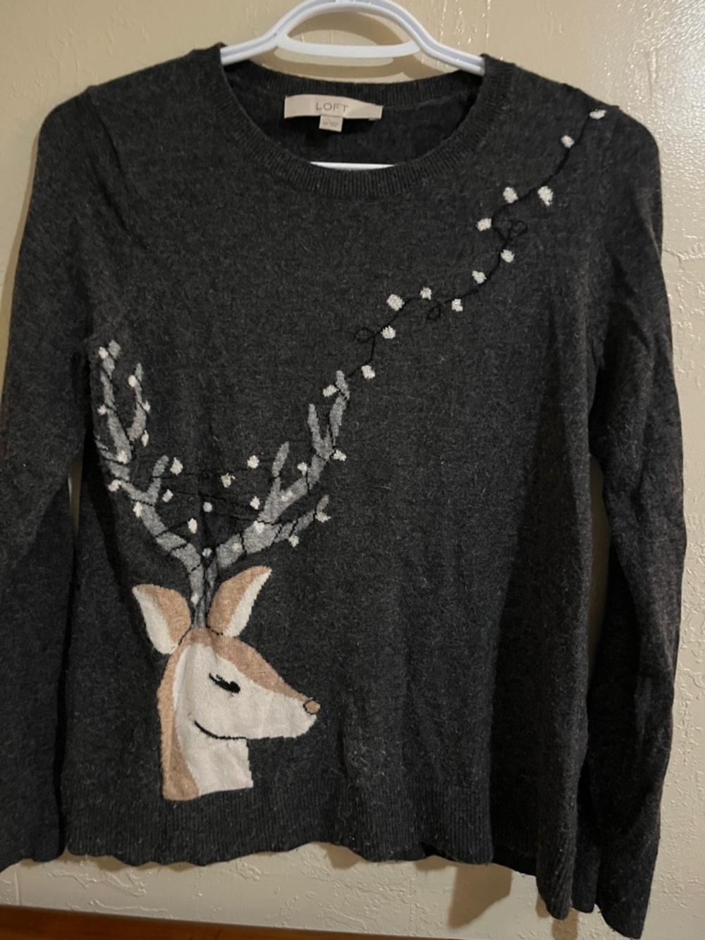 LOFT Charcoal Gray Deer Motif Crewneck Sweater